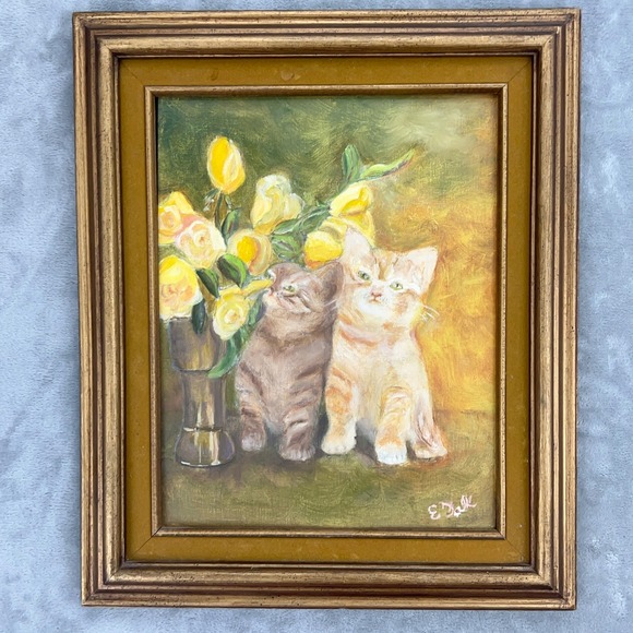 Vintage Edith Falk Kittens Oil Painting 1976 Framed Cat Art Yellow Roses 11x14
